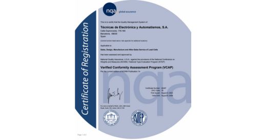 Renouvellement de la certification VCAP pour la fabrication des cellules de pesée conformément à l’approbation NTEP